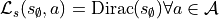 \mathcal{L}_s(s_{\emptyset}, a) = \text{Dirac}(s_{\emptyset}) \forall a \in \mathcal{A}