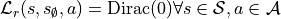 \mathcal{L}_r(s, s_{\emptyset}, a) = \text{Dirac}(0) \forall s \in \mathcal{S}, a \in \mathcal{A}