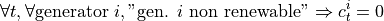 \[\forall t, \forall \text{generator } i, "\text{gen. } i \text{ non renewable}" \Rightarrow c^i_t = 0\]