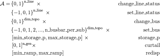 \begin{align*}
\mathcal{A} =& \left\{0,1\right\}^{\text{n\_line}}~ \times & \text{change\_line\_status} \\
             & \left\{-1, 0, 1\right\}^{\text{n\_line}}~ \times & \text{set\_line\_status} \\
             & \left\{0,1\right\}^{\text{dim\_topo}}~ \times & \text{change\_bus} \\
             & \left\{-1, 0, 1, 2, ..., \text{n\_busbar\_per\_sub} \right\}^{\text{dim\_topo}}~ \times & \text{set\_bus} \\
             & ~[\text{min\_storage\_p}, \text{max\_storage\_p}]~ \times & \text{storage\_p} \\
             & ~[0, 1]^{\text{n\_gen}} \times & \text{curtail} \\
             & ~[\text{min\_ramp}, \text{max\_ramp}] & \text{redisp}
\end{align*}